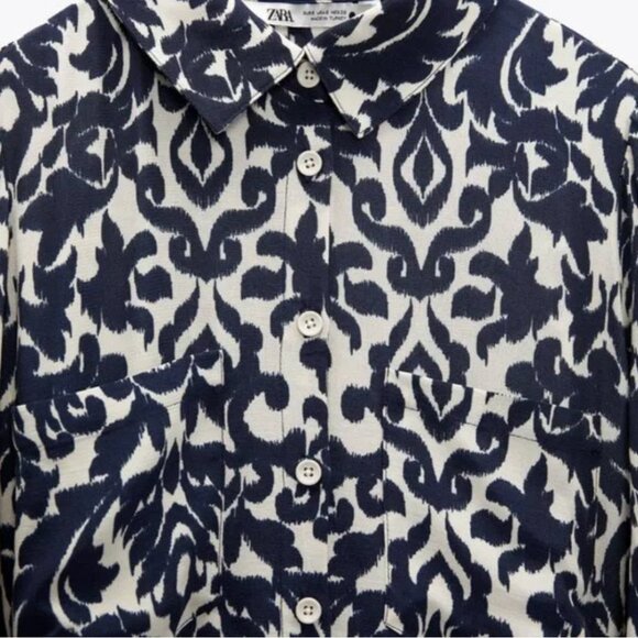 Blue and White Patterned Zara Midi Dress - Button Down Dress - Shirt Dress - Picture 6 of 6